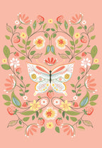 Whimsical Easter greeting card featuring a decorative butterfly at its center, surrounded by a vibrant wreath of blooming flowers, green leaves, and ripe strawberries on a soft pink background. Perfect for spring wishes.