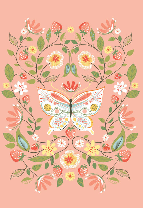 Front of a beautiful Easter greeting card featuring a central white butterfly with intricate gold and blue patterns, encircled by a lush wreath of pink and yellow flowers, green leaves, and red strawberries on a soft blush pink background.