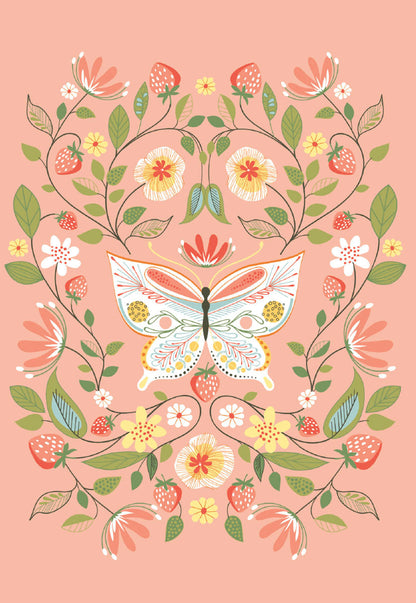 Beautiful butterfly surrounded by blooming strawberries and delicate flowers on a soft pink background. Perfect spring greeting card art.