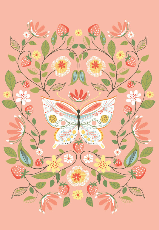 Beautiful butterfly surrounded by blooming strawberries and delicate flowers on a soft pink background. Perfect spring greeting card art.