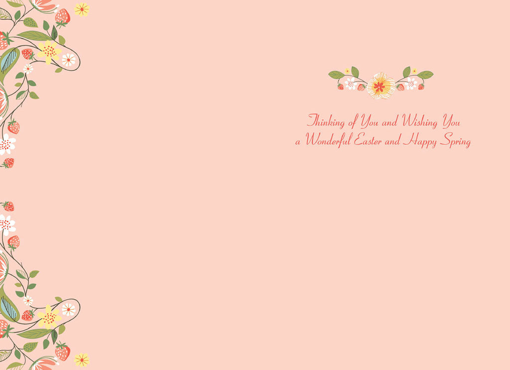Inside view of an Easter greeting card with a delicate floral border of pink flowers, green leaves, and strawberries on the left and top right, featuring elegant script text that reads 'Thinking of You and Wishing You a Wonderful Easter and Happy Spring' on a light pink background.