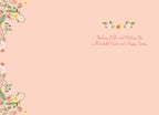 Inside view of an Easter greeting card with a delicate floral border of pink flowers, green leaves, and strawberries on the left and top right, featuring elegant script text that reads 'Thinking of You and Wishing You a Wonderful Easter and Happy Spring' on a light pink background.