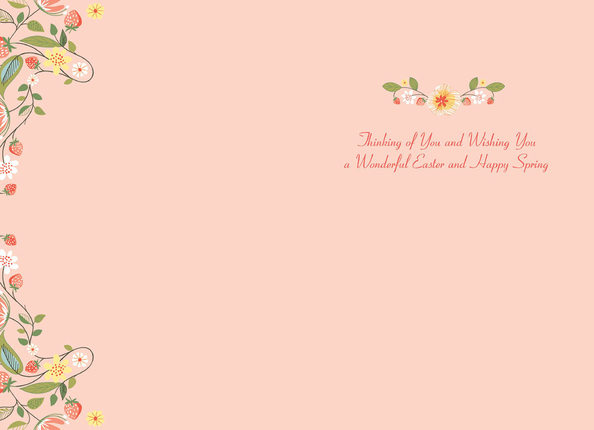 Inside view of an Easter greeting card with a delicate floral border of pink flowers, green leaves, and strawberries on the left and top right, featuring elegant script text that reads 'Thinking of You and Wishing You a Wonderful Easter and Happy Spring' on a light pink background.