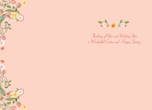 Inside view of an Easter greeting card with a delicate floral border of pink flowers, green leaves, and strawberries on the left and top right, featuring elegant script text that reads 'Thinking of You and Wishing You a Wonderful Easter and Happy Spring' on a light pink background.