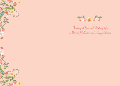 Inside of a spring greeting card with a butterfly, strawberry, and floral border, featuring a thoughtful message.