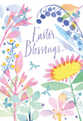 Front of an elegant Easter greeting card featuring 'Easter Blessings' in script, surrounded by a vibrant watercolor floral border with pastel pink, blue, yellow, and green flowers, leaves, and dragonflies.