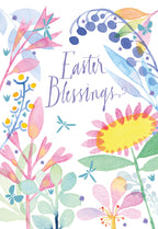 Front of an elegant Easter greeting card featuring 'Easter Blessings' in script, surrounded by a vibrant watercolor floral border with pastel pink, blue, yellow, and green flowers, leaves, and dragonflies.