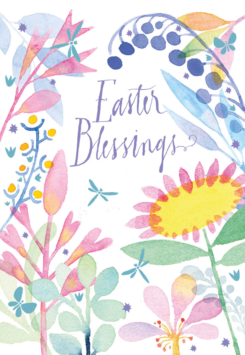 Front of an elegant Easter greeting card featuring 'Easter Blessings' in script, surrounded by a vibrant watercolor floral border with pastel pink, blue, yellow, and green flowers, leaves, and dragonflies.