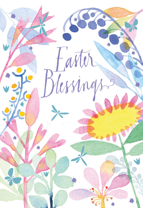 Front of a religious Easter greeting card featuring colorful watercolor spring flowers and dragonflies, with 'Easter Blessings' elegantly scripted in purple.