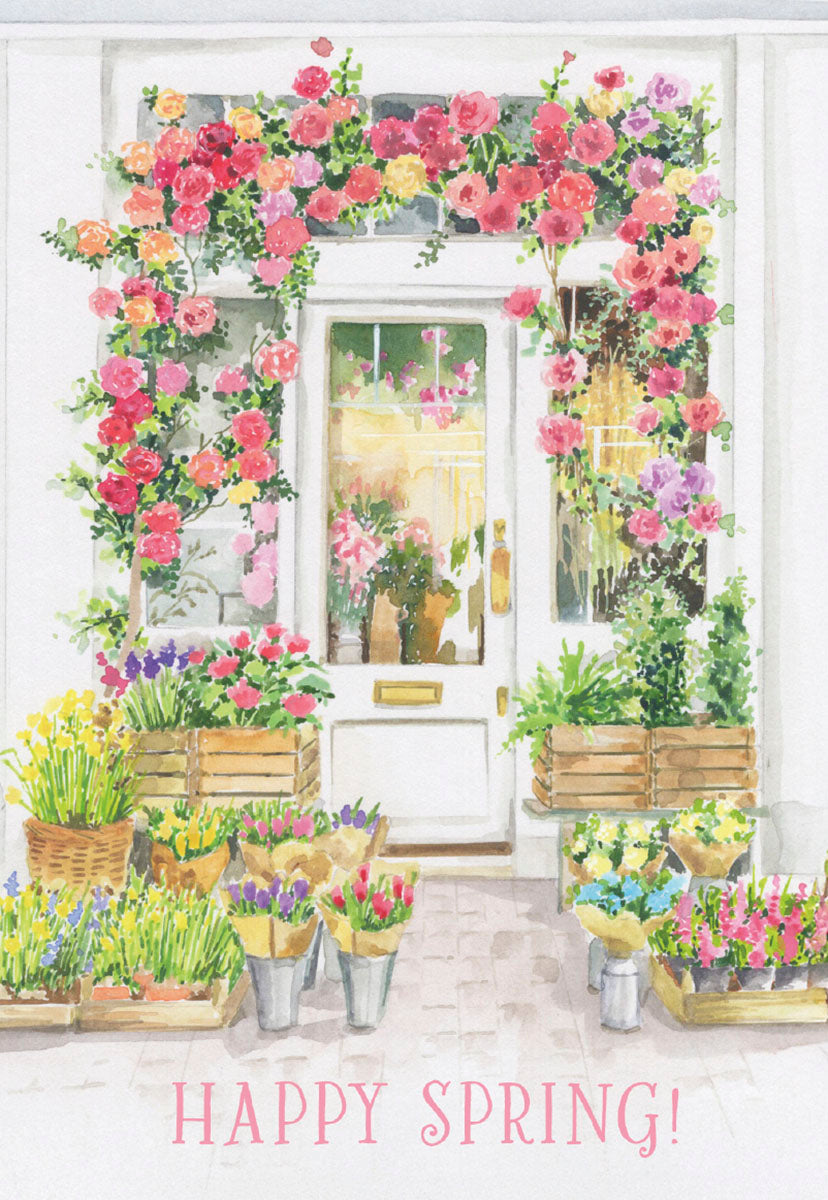 Watercolor illustration of a charming flower shop storefront adorned with vibrant pink and yellow roses, potted plants, and bouquets, 'Happy Spring!'.