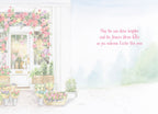 Open greeting card interior with a spring flower shop illustration on the left and a heartfelt message on the right: 'May the sun shine brighter and the flowers bloom fuller as you welcome Easter this year.' Ideal for spring season wishes.