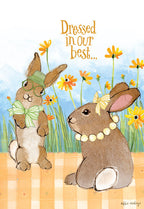Cute religious greeting card featuring two cartoon bunnies, one in a green bow tie and hat, the other in a pearl necklace and yellow bow, standing amidst yellow wildflowers, with the text 'Dressed in our best...' on a light blue background.