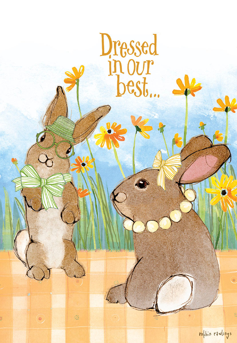 Cute religious greeting card featuring two cartoon bunnies, one in a green bow tie and hat, the other in a pearl necklace and yellow bow, standing amidst yellow wildflowers, with the text 'Dressed in our best...' on a light blue background.