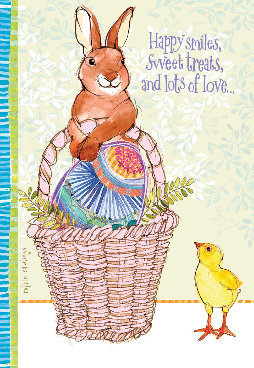 Cute watercolor spring greeting card featuring a brown bunny sitting in a pink basket with a large decorative egg, alongside a happy yellow chick. The card displays the text 'Happy smiles, Sweet treats, and lots of love...' on a light green background with subtle foliage.