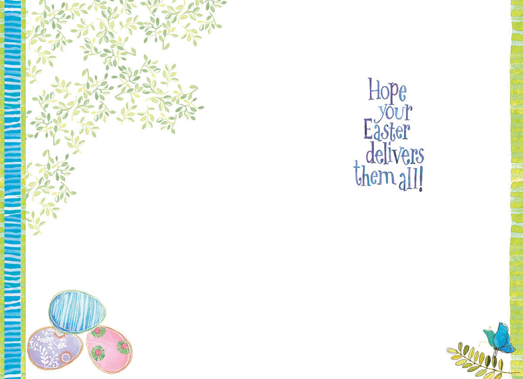 Inside view of an adorable spring holiday card with a plain white background. The top left corner is decorated with whimsical green leaves, the bottom left features three colorful decorated eggs, and the bottom right shows a small blue butterfly. The card includes the printed sentiment 'Hope your Easter delivers them all!'.
