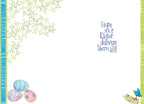 Inside view of an adorable spring holiday card with a plain white background. The top left corner is decorated with whimsical green leaves, the bottom left features three colorful decorated eggs, and the bottom right shows a small blue butterfly. The card includes the printed sentiment 'Hope your Easter delivers them all!'.