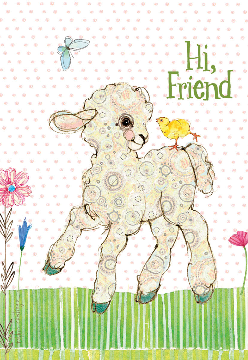 Front of a cute Easter greeting card featuring a stylized lamb with a yellow chick on its back, surrounded by spring flowers. Text reads "Hi, Friend".