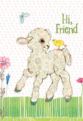 Charming Easter greeting card featuring an illustrated lamb with intricate patterns, a small yellow chick on its back, a blue butterfly, and spring flowers, with the message 'Hi, Friend' against a pink polka dot background. Ideal for friends.