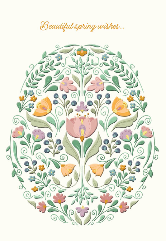 Elegant floral pattern greeting card with pastel pink, orange, green, and blue flowers and leaves arranged in an oval shape, white background, 'Beautiful spring wishes...' text.