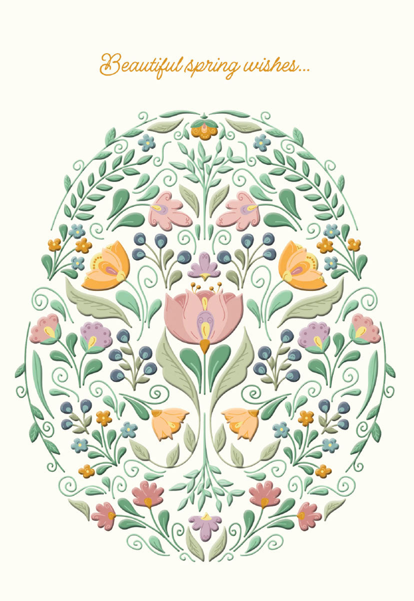 Front of a beautiful floral spring greeting card for friends, featuring a decorative pastel flower arrangement in an egg shape with green leaves, pink and orange blooms, and blue berries, on a cream background, with elegant text 'Beautiful spring wishes...'