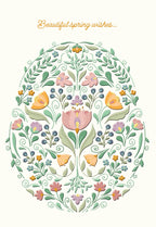 Front of a beautiful floral spring greeting card for friends, featuring a decorative pastel flower arrangement in an egg shape with green leaves, pink and orange blooms, and blue berries, on a cream background, with elegant text 'Beautiful spring wishes...'