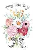 Elegant watercolor floral Mother's Day greeting card front, featuring a vibrant bouquet of pink, white, and red flowers with green leaves, tied with a black and white striped ribbon, and 'Happy Mother's Day!' text in script.