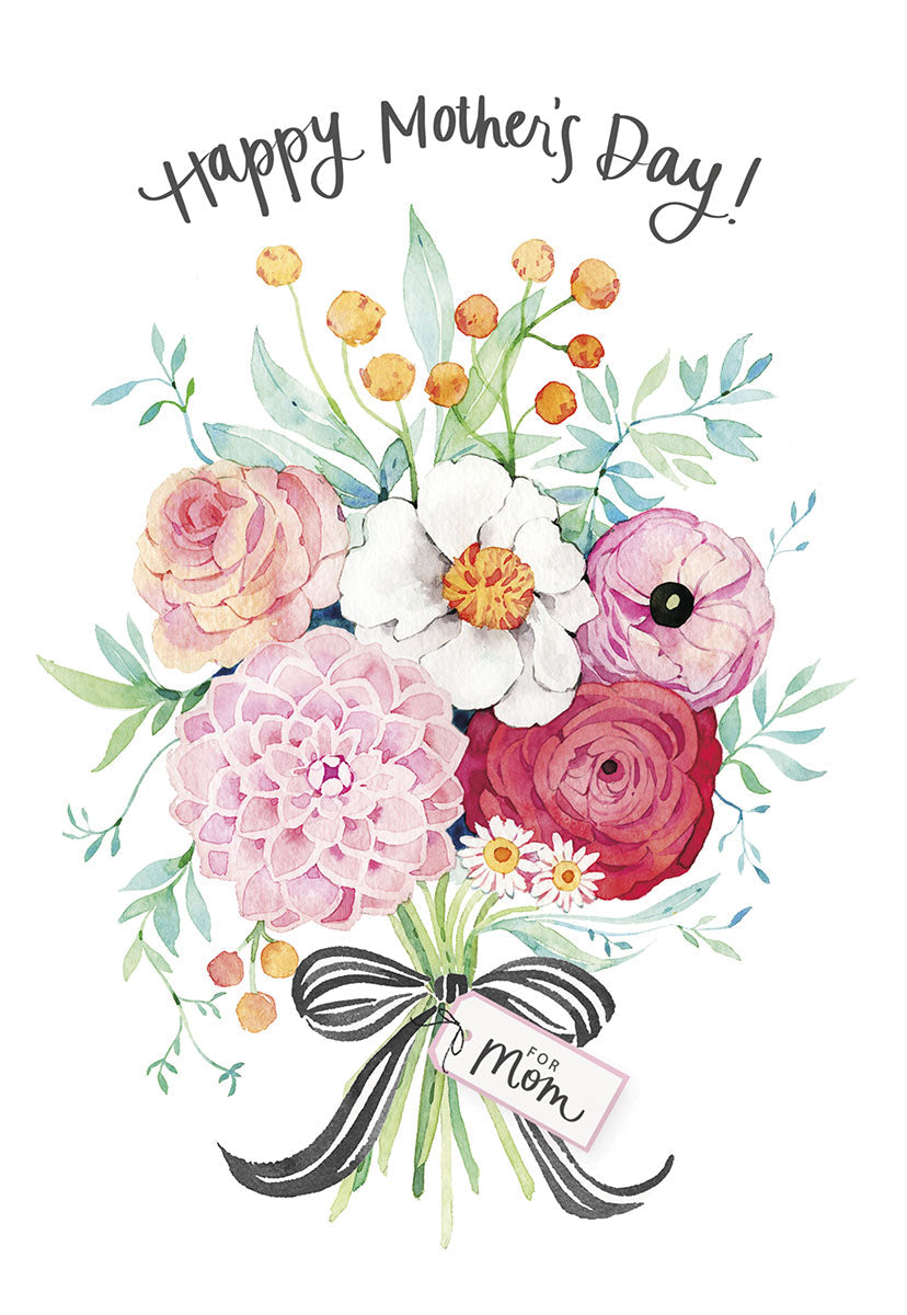 Elegant watercolor floral Mother's Day greeting card front, featuring a vibrant bouquet of pink, white, and red flowers with green leaves, tied with a black and white striped ribbon, and 'Happy Mother's Day!' text in script.