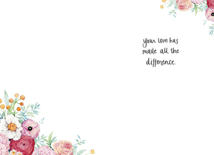 Inside of a Mother's Day card, showing "Your love has made all the difference." surrounded by watercolor floral corners.