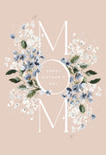 Elegant floral greeting card for mom with 'MOM' in white letters surrounded by delicate blue and white watercolor flowers on a blush pink background, celebrating maternal love.