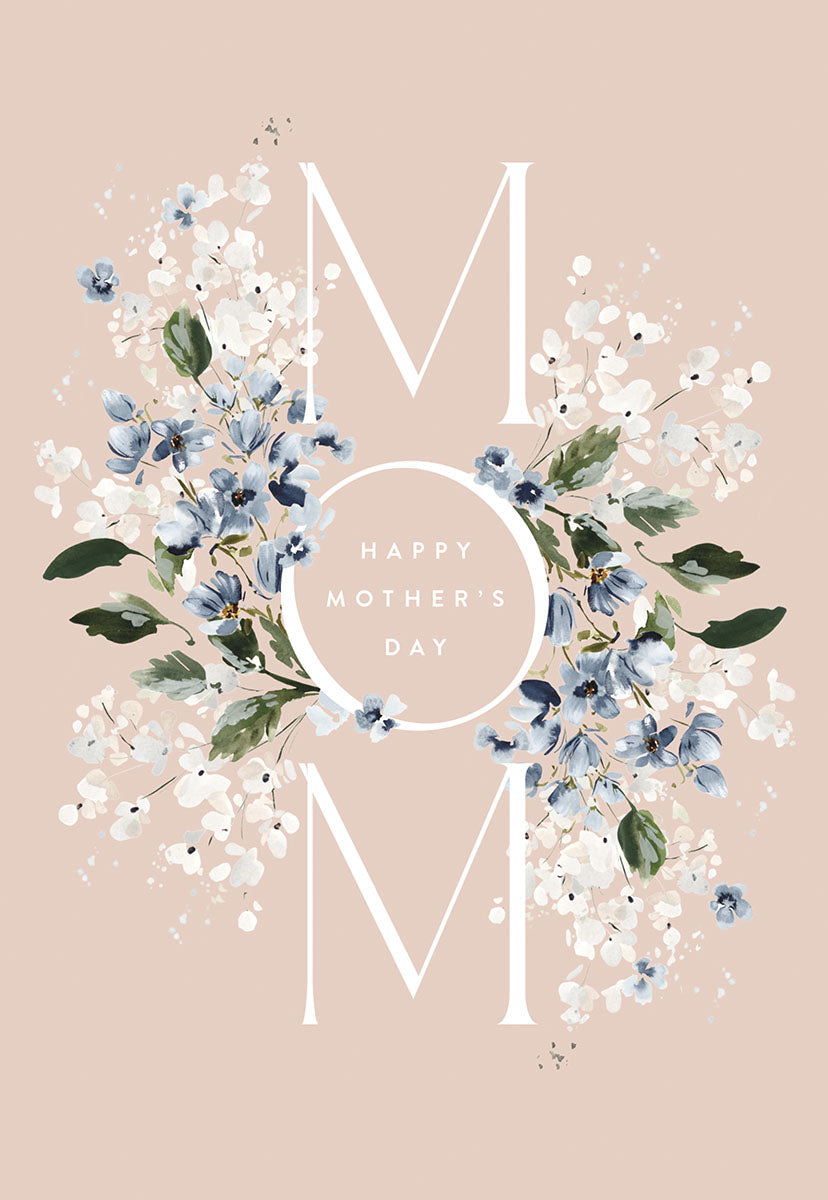 Elegant floral greeting card for mom with 'MOM' in white letters surrounded by delicate blue and white watercolor flowers on a blush pink background, celebrating maternal love.