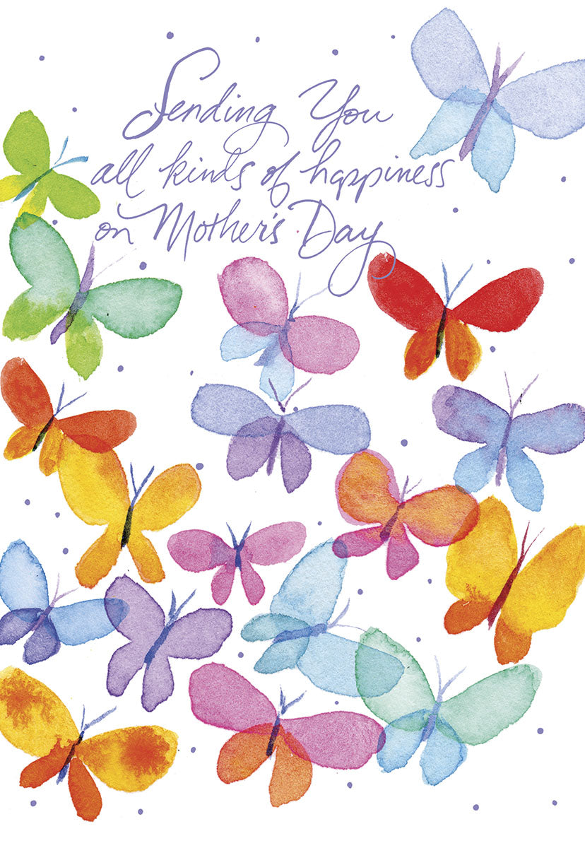 Mother's Day card front with colorful watercolor butterflies and a heartfelt message 'Sending You all kinds of happiness'.