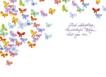 Inside of a Mother's Day card featuring watercolor butterflies and text 'And celebrating the wonderful Mom that you are!'.