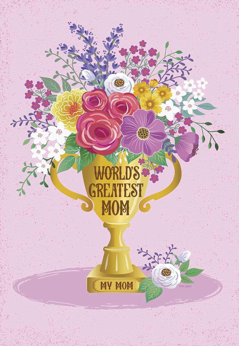 Front of a Mother's Day greeting card with a golden trophy filled with a vibrant floral bouquet. Text: 'WORLD'S GREATEST MOM'.