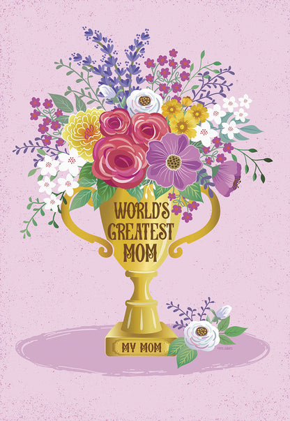 Front of a Mother's Day greeting card with a golden trophy filled with a vibrant floral bouquet. Text: 'WORLD'S GREATEST MOM'.
