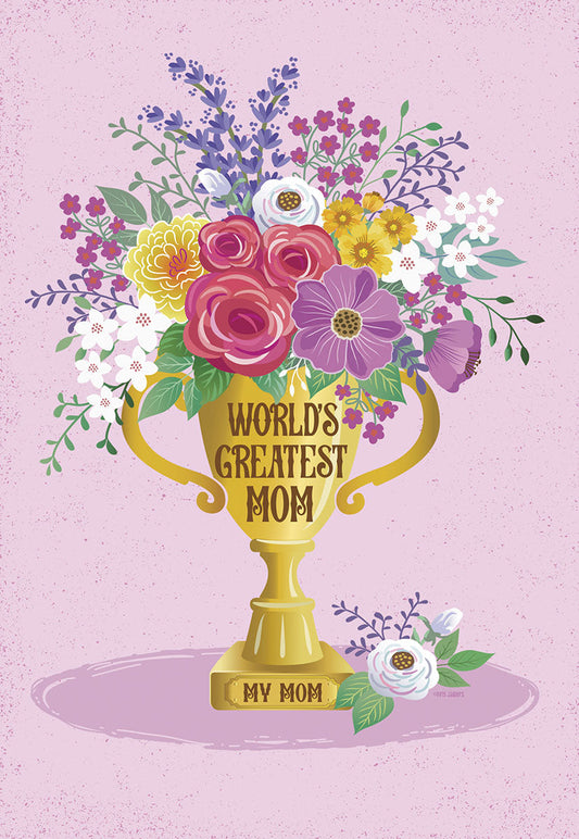 Front of a Mother's Day greeting card with a golden trophy filled with a vibrant floral bouquet. Text: 'WORLD'S GREATEST MOM'.