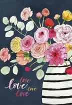 Watercolor floral bouquet greeting card front with pink, yellow, and red flowers in a striped vase, dark navy background, and 'love love love' script for Mom.