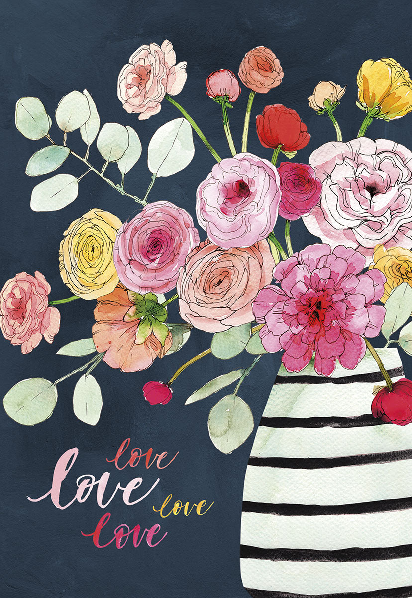 Watercolor floral bouquet greeting card front with pink, yellow, and red flowers in a striped vase, dark navy background, and 'love love love' script for Mom.