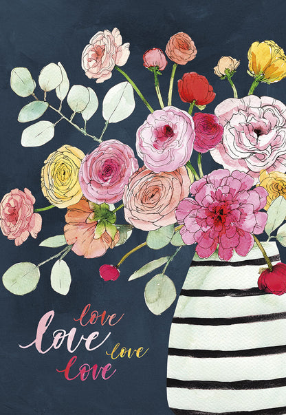 Front of Mother's Day card with watercolor pink, yellow, red flowers in a black and white striped vase on a dark background.