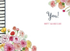 Inside of a Mother's Day greeting card with watercolor flowers in the corners and 'You! HAPPY MOTHER'S DAY' script on a white background, with a black and white striped border.