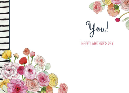 Inside of Mother's Day card showing corner floral watercolor details, elegant 'You! Happy Mother's Day' text.
