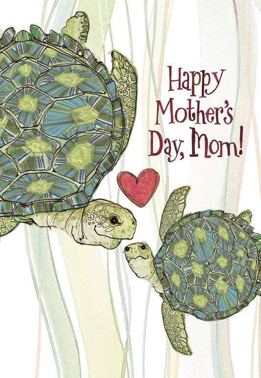 Happy Mother's Day card front with watercolor illustration of a mama sea turtle and a baby sea turtle, featuring a red heart.