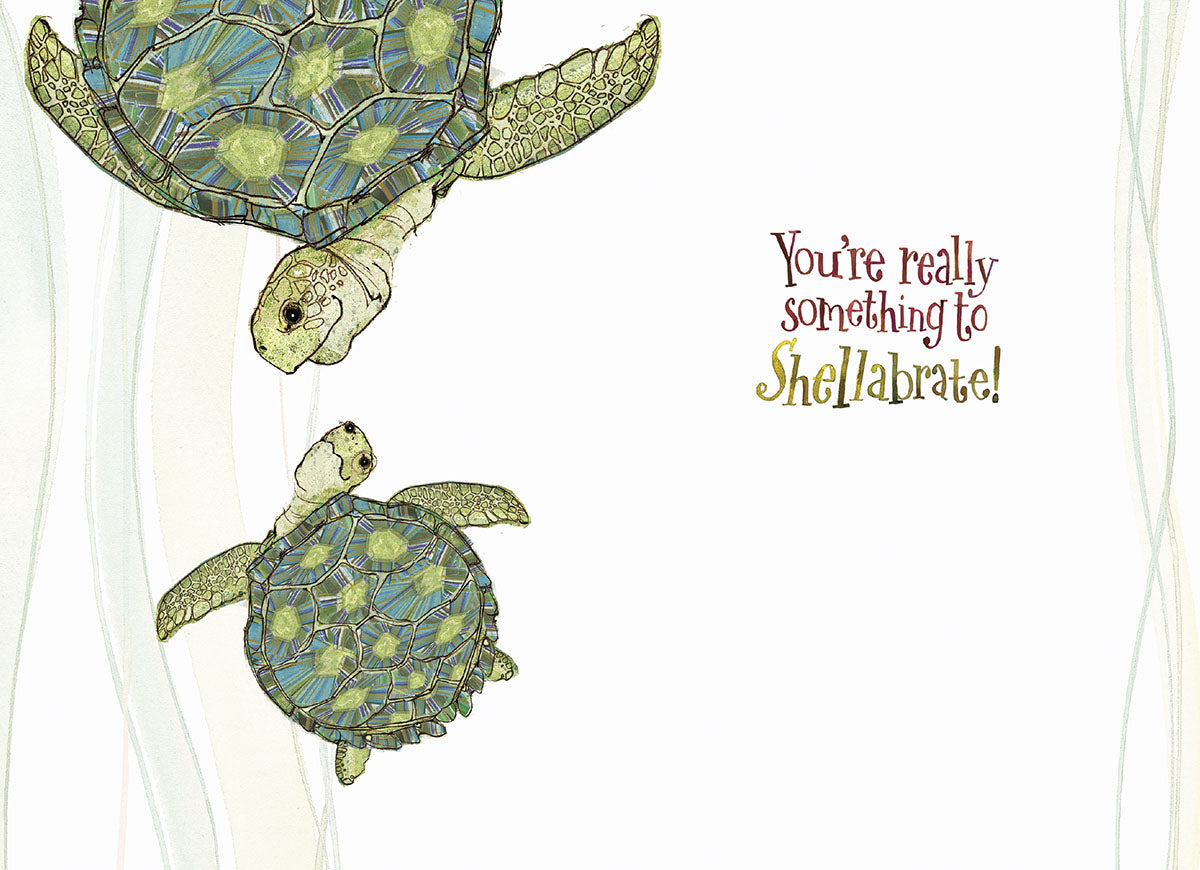Inside of cute turtle Mother's Day card with a baby turtle following a parent turtle, and 'You're really something to Shellabrate!' message.