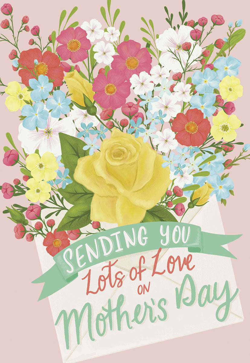 Vibrant floral arrangement bursting from an envelope with "SENDING YOU Lots of Love" text on a soft pink background.