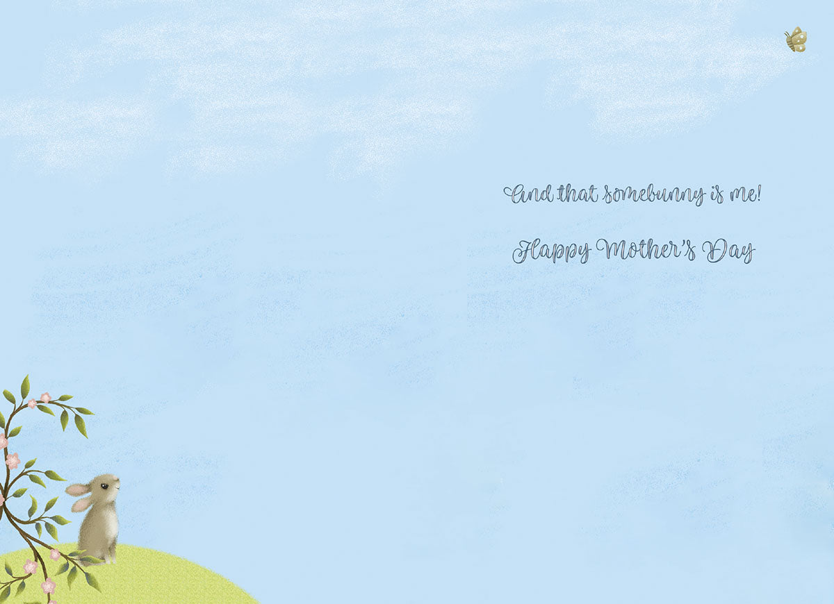 Inside view of a sweet Mother's Day card, displaying a pastel blue sky background with a small bunny and flowering branch in the corner. Text reads 'and that somebunny is me! Happy Mother's Day'.