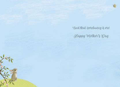 Inside of a Mother's Day card with a small bunny and flowering branch in the corner. Text reads and that somebunny is me! Happy Mother's Day.