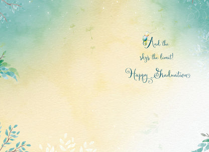 Inside of a graduation card with 'And the sky's the limit! Happy Graduation' on a teal and yellow watercolor background.