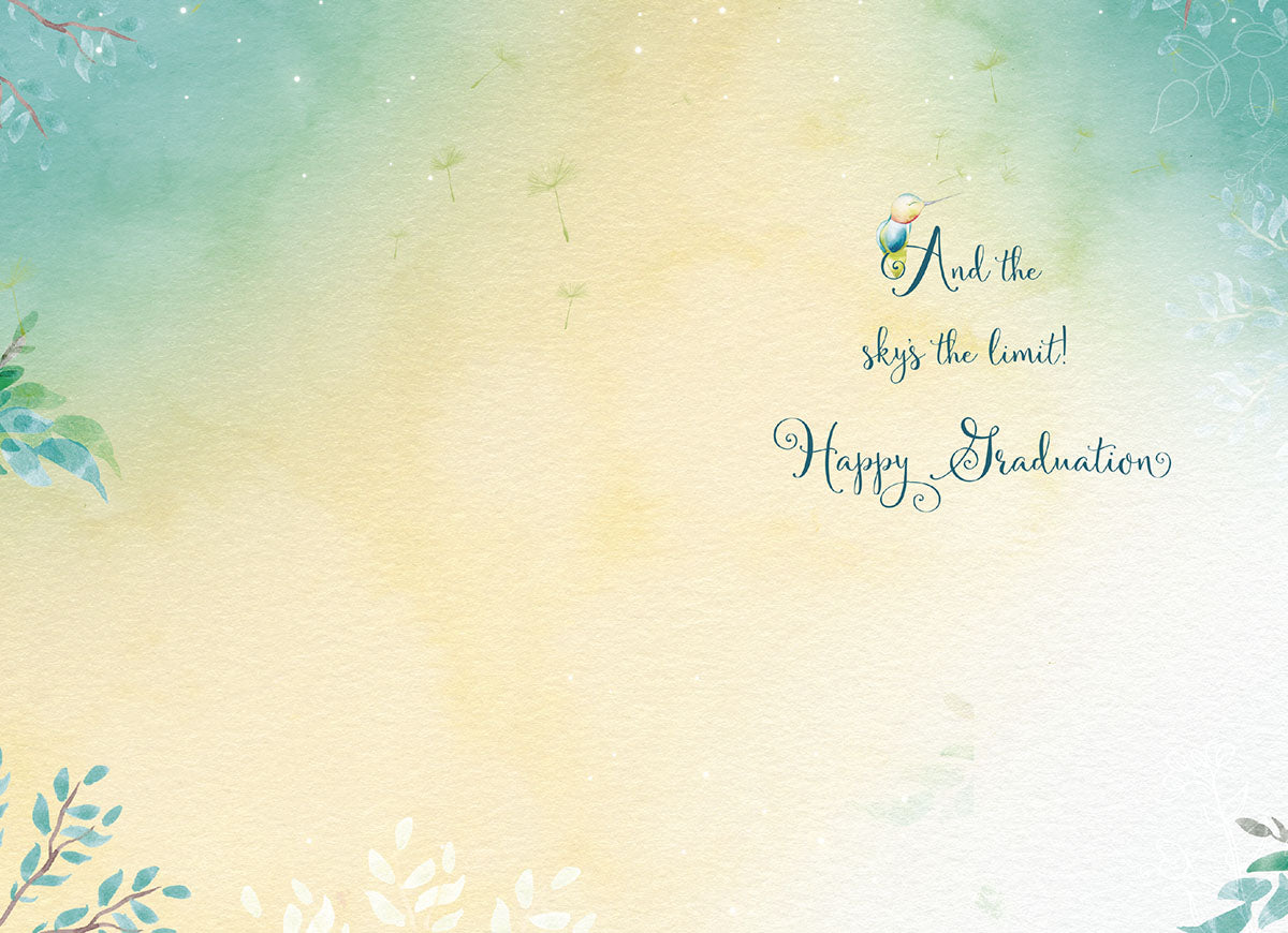 Inside of a thoughtful graduation card, continuing the peaceful watercolor theme with green and yellow hues. The message 'And the sky's the limit! Happy Graduation' is displayed.