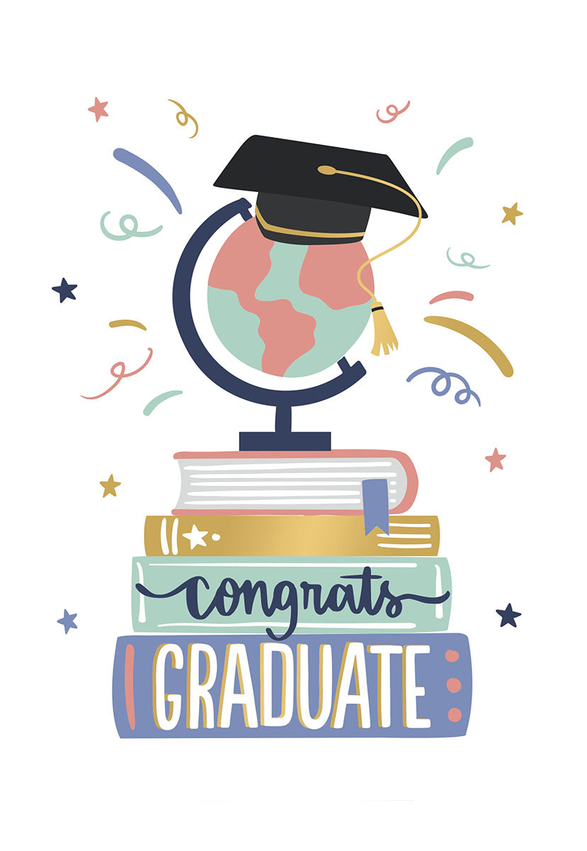 Front of an encouraging greeting card for new graduates, featuring a black graduation cap on top of a globe resting on a stack of colorful books, with confetti and stars, and the text 'congrats graduate'.