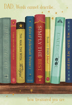 Heartfelt Father's Day greeting card featuring a whimsical bookshelf illustration with book titles like 'Ultimate Dad-Ventures,' 'The Man, The Myth, The Legend,' 'Simply The Best,' and 'Daddy Cool,' surrounded by golden stars. The card reads 'DAD, Words cannot describe... how treasured you are.'