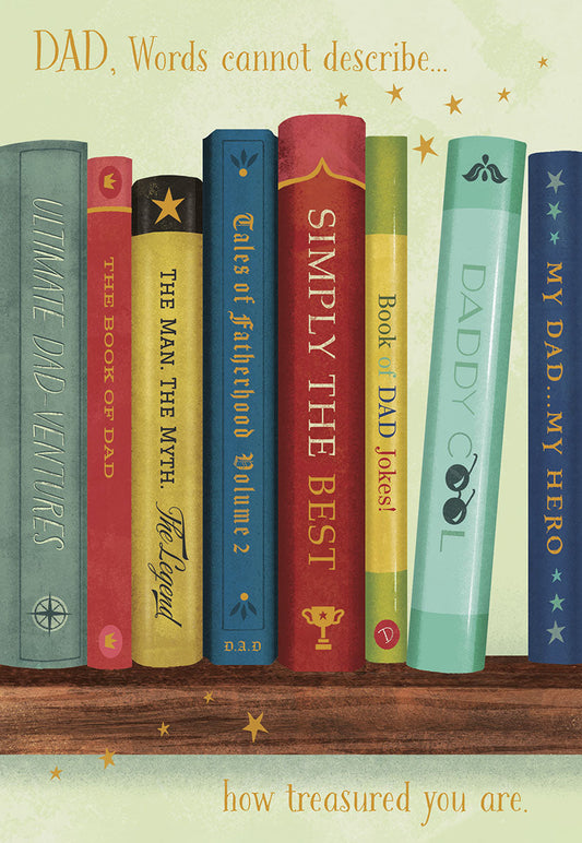 Father's Day card front, illustrating a colorful bookshelf with book titles like 'Ultimate Dad-Ventures' and 'My Dad... My Hero'.